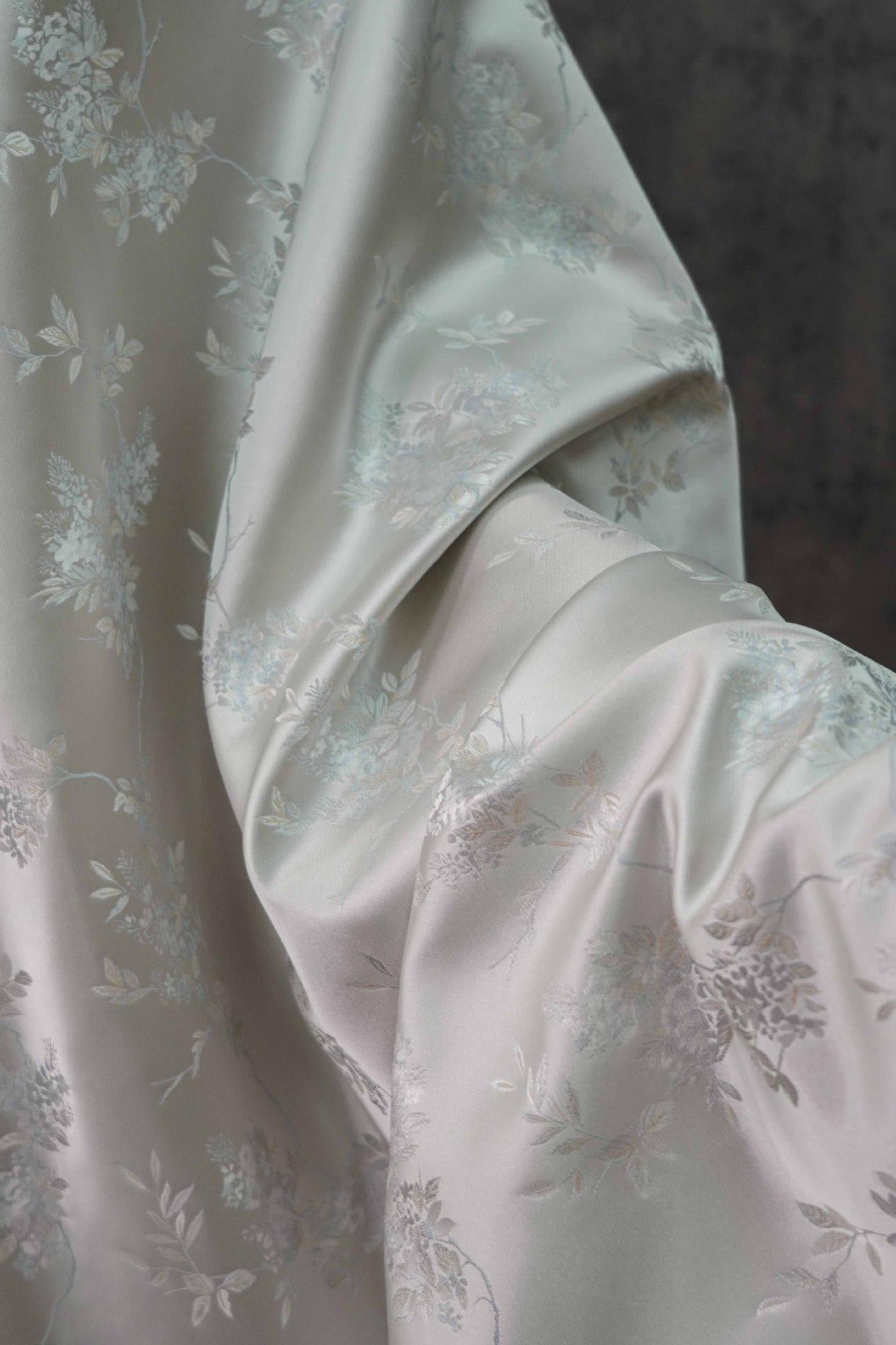 Plum Blossom Brocade Fabric: Silver White Rayon Jacquard, 59"W