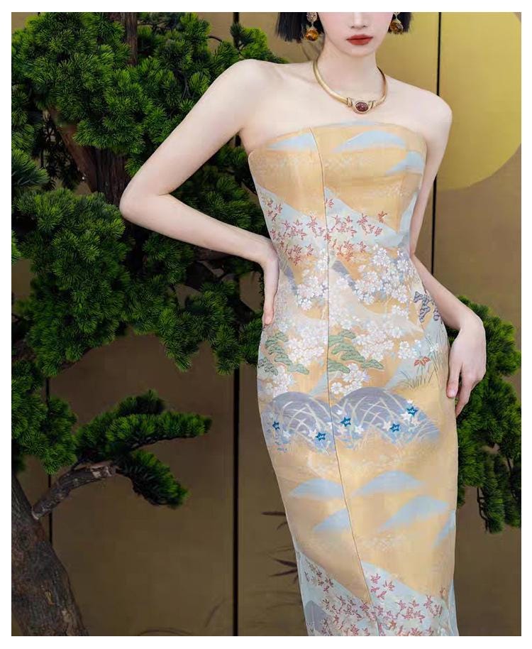 Nishijin Weaving Fabric: Gold Mountain Scene, Japanese Upholstery Fabric