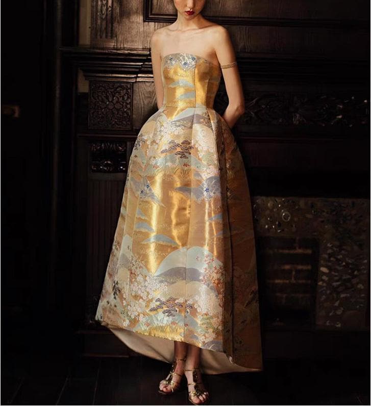 Nishijin Weaving Fabric: Gold Mountain Scene, Japanese Upholstery Fabric