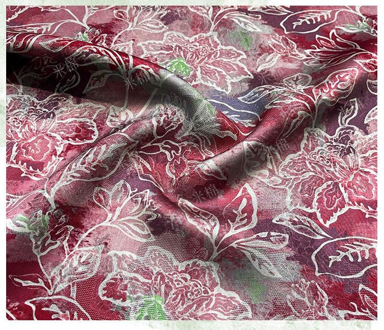 Scarlet Blossom Xiangyunsha Fabric, Luxury Chinese Dressmaking Material for Cheongsam, Qipao, Sewing and Upholstery