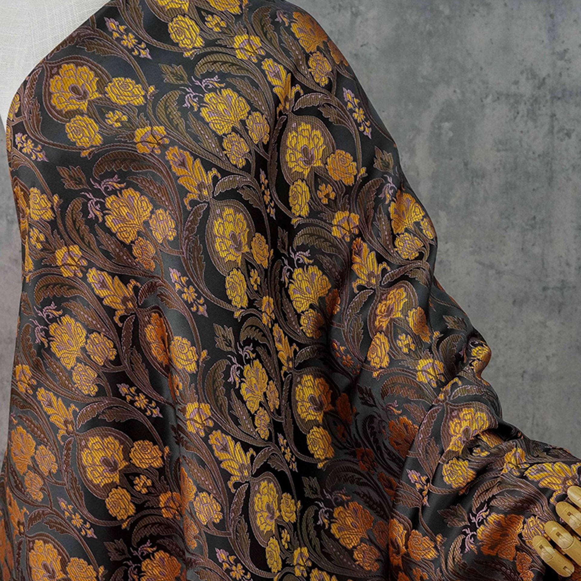 Luxury European Black Rose Scroll Jacquard Fabric – Elegant Brocade for Vest, Costume, Upholstery & Dressmaking