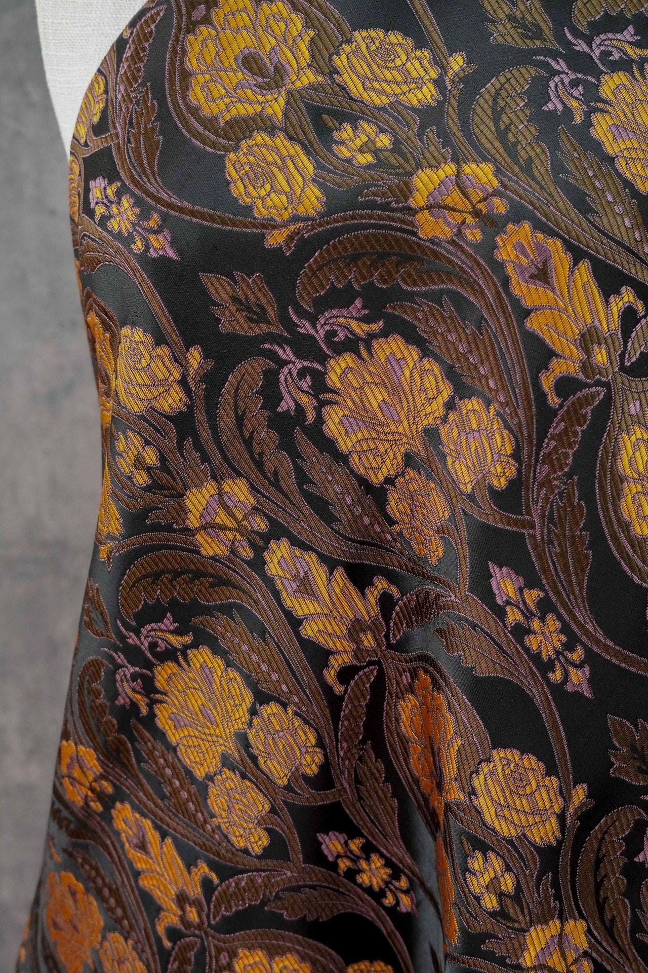 Luxury European Black Rose Scroll Jacquard Fabric – Elegant Brocade for Vest, Costume, Upholstery & Dressmaking