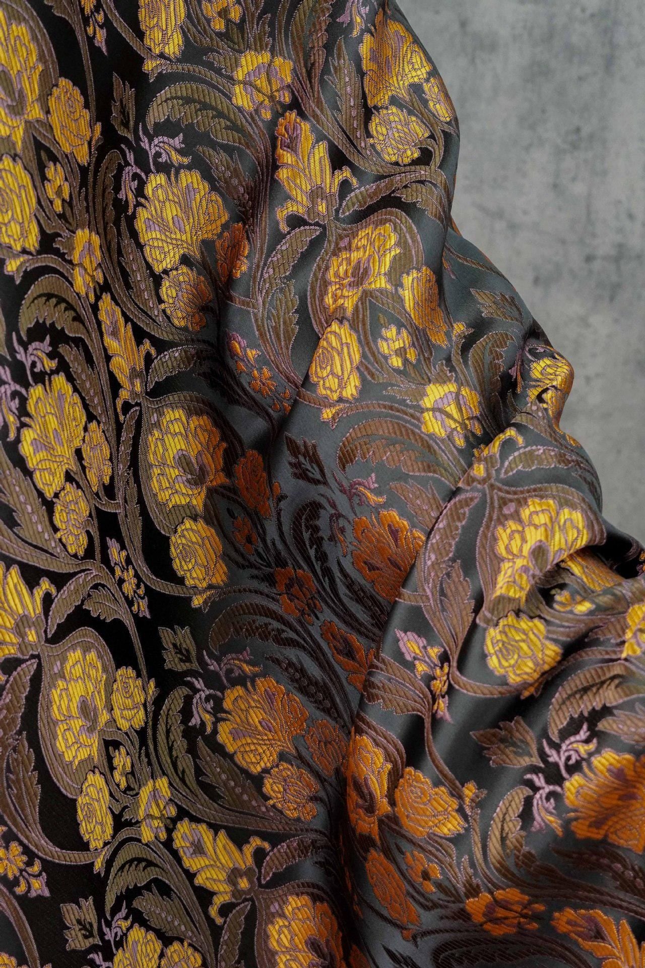 Luxury European Black Rose Scroll Jacquard Fabric – Elegant Brocade for Vest, Costume, Upholstery & Dressmaking