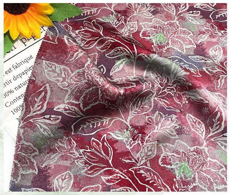 Scarlet Blossom Xiangyunsha Fabric, Luxury Chinese Dressmaking Material for Cheongsam, Qipao, Sewing and Upholstery