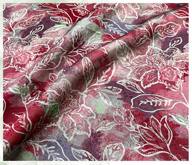 Scarlet Blossom Xiangyunsha Fabric, Luxury Chinese Dressmaking Material for Cheongsam, Qipao, Sewing and Upholstery