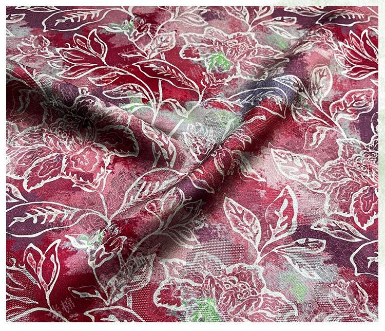 Scarlet Blossom Xiangyunsha Fabric, Luxury Chinese Dressmaking Material for Cheongsam, Qipao, Sewing and Upholstery