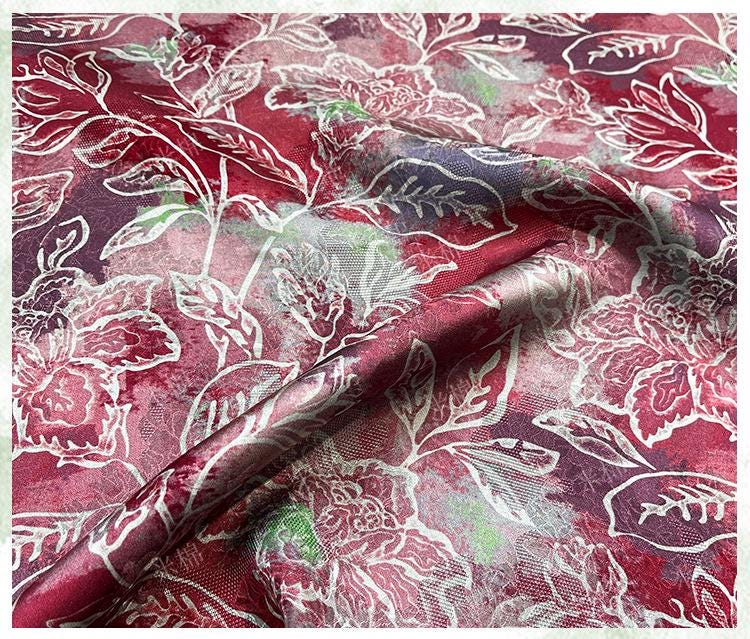 Scarlet Blossom Xiangyunsha Fabric, Luxury Chinese Dressmaking Material for Cheongsam, Qipao, Sewing and Upholstery