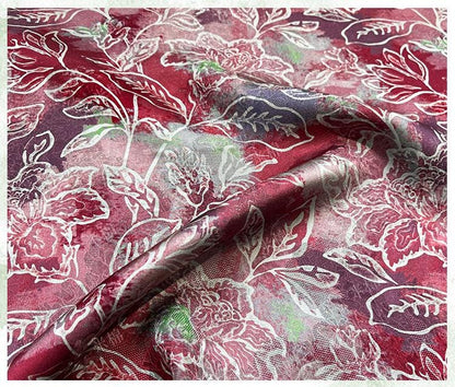 Scarlet Blossom Xiangyunsha Fabric, Luxury Chinese Dressmaking Material for Cheongsam, Qipao, Sewing and Upholstery
