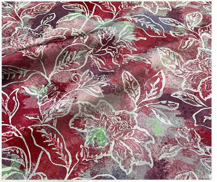 Scarlet Blossom Xiangyunsha Fabric, Luxury Chinese Dressmaking Material for Cheongsam, Qipao, Sewing and Upholstery