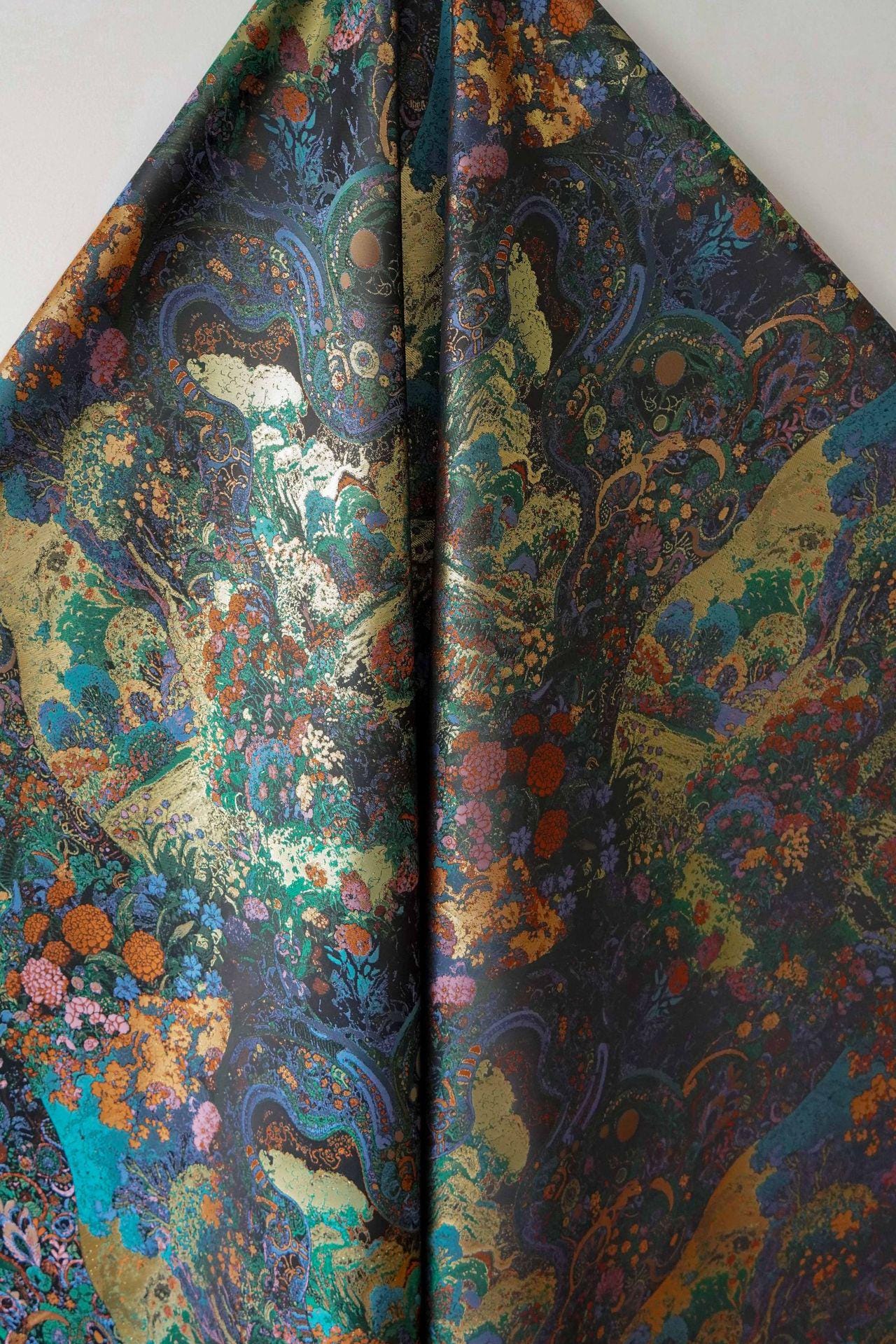 Floral Gold Jacquard Fabric: Artistic Brocade, 65" Wide