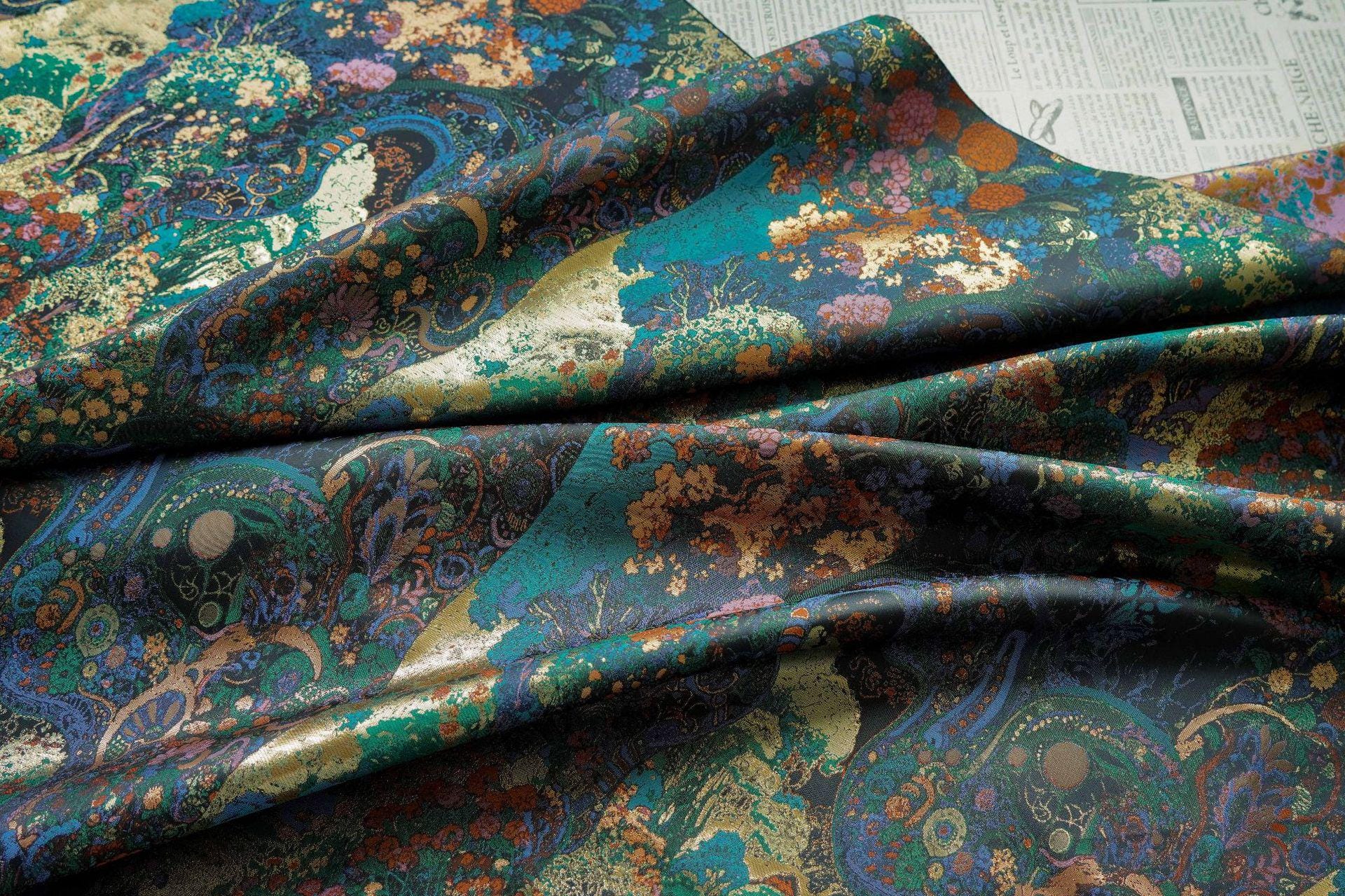 Floral Gold Jacquard Fabric: Artistic Brocade, 65" Wide