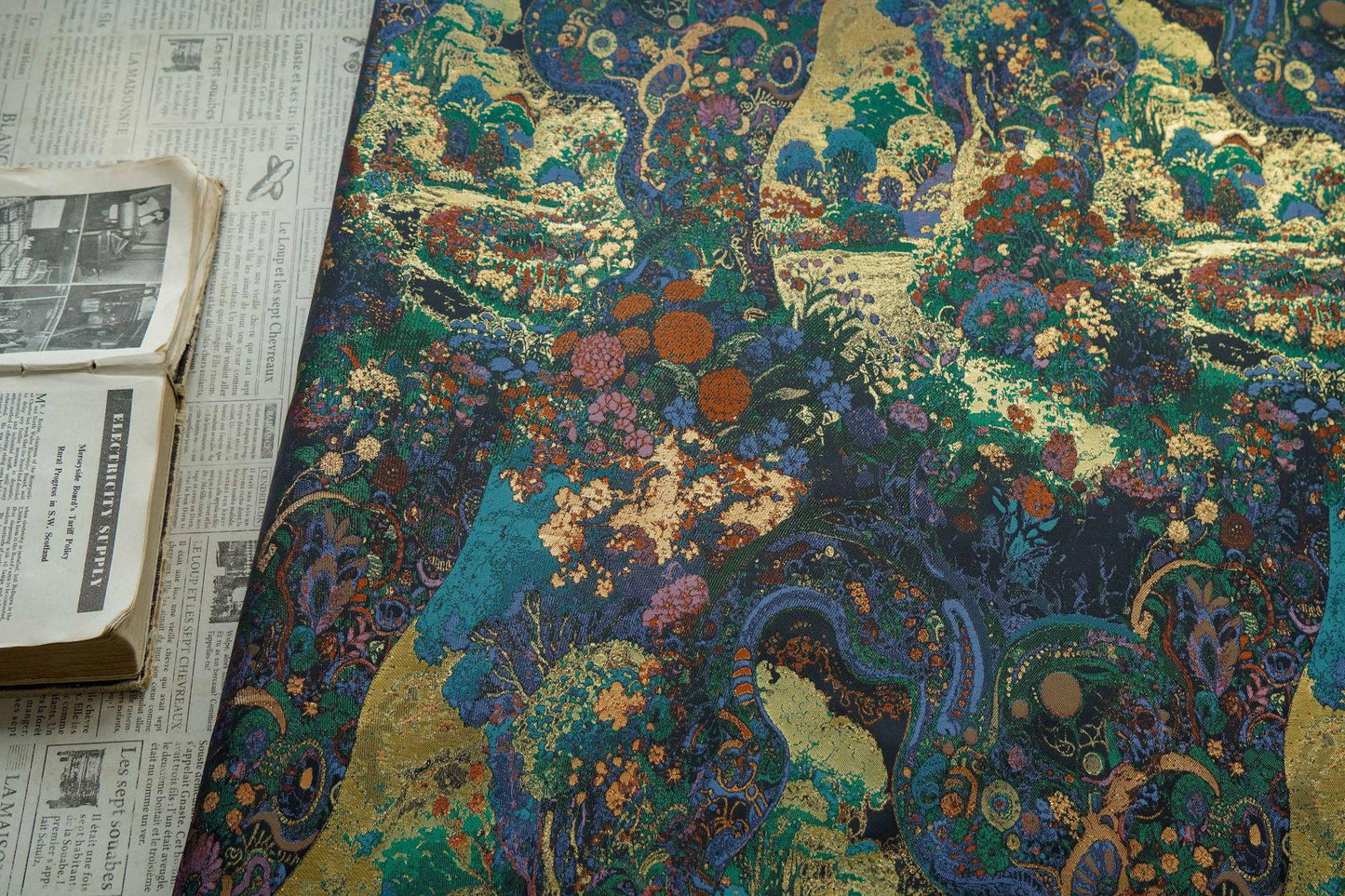 Floral Gold Jacquard Fabric: Artistic Brocade, 65" Wide