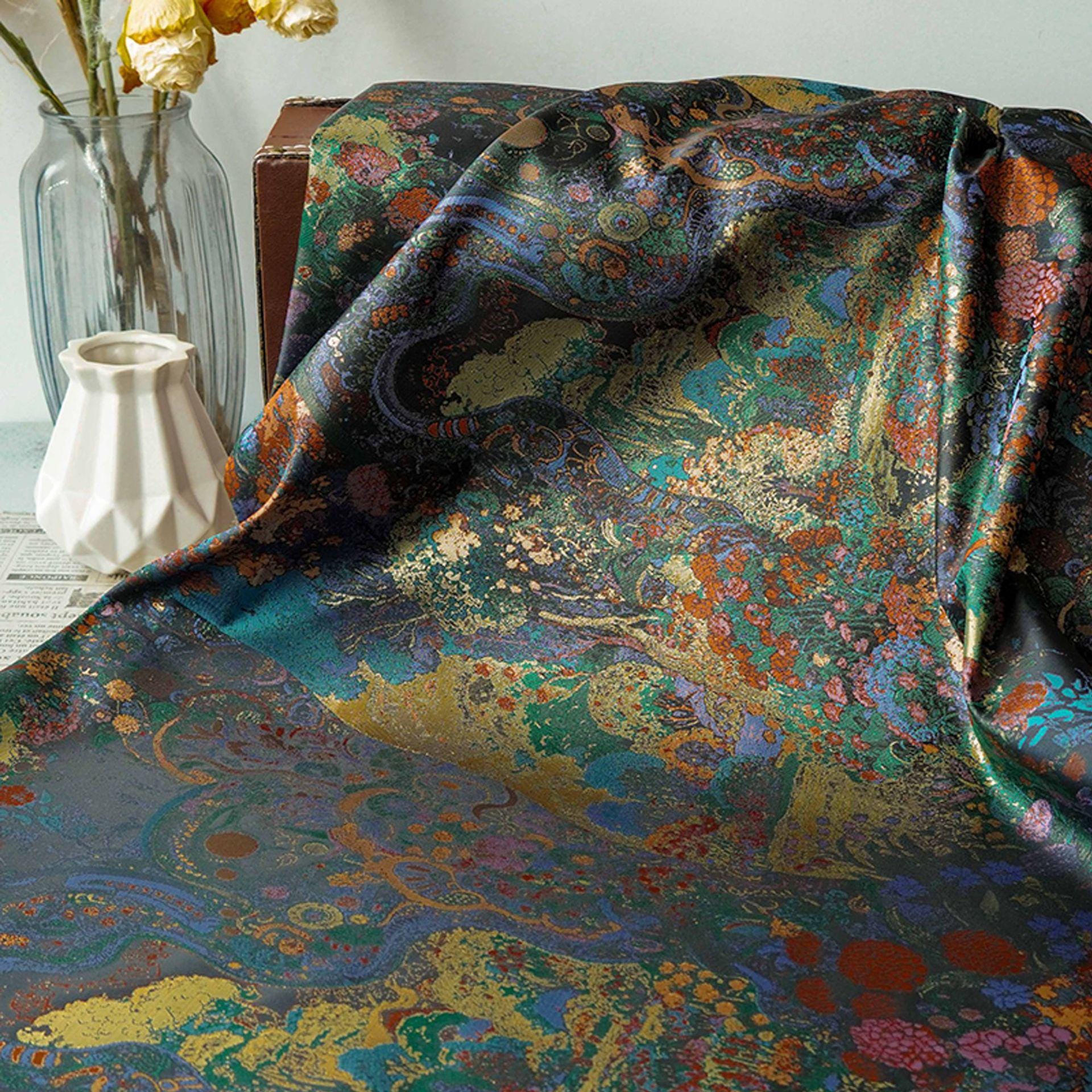 Floral Gold Jacquard Fabric: Artistic Brocade, 65" Wide
