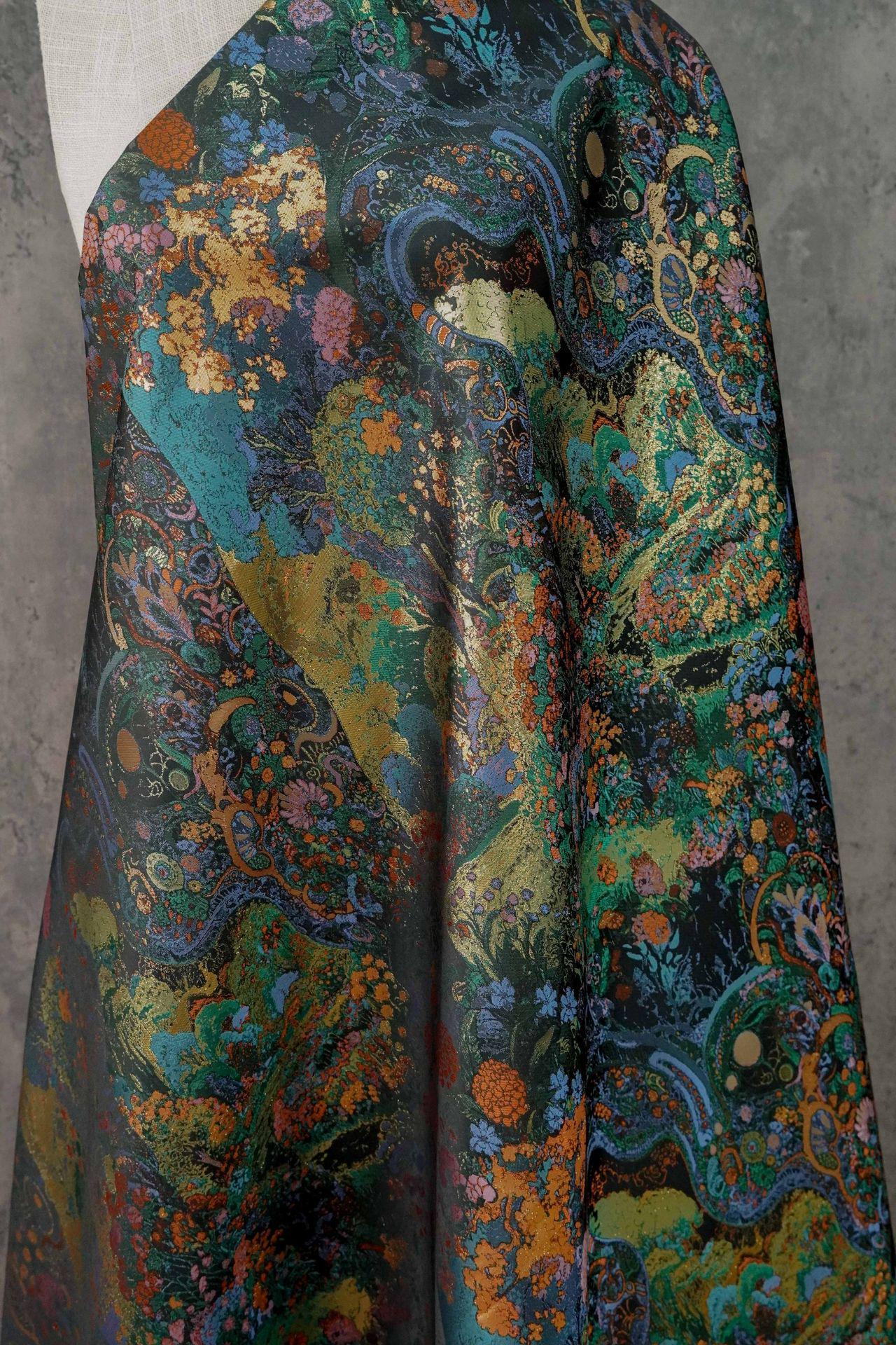 Floral Gold Jacquard Fabric: Artistic Brocade, 65" Wide