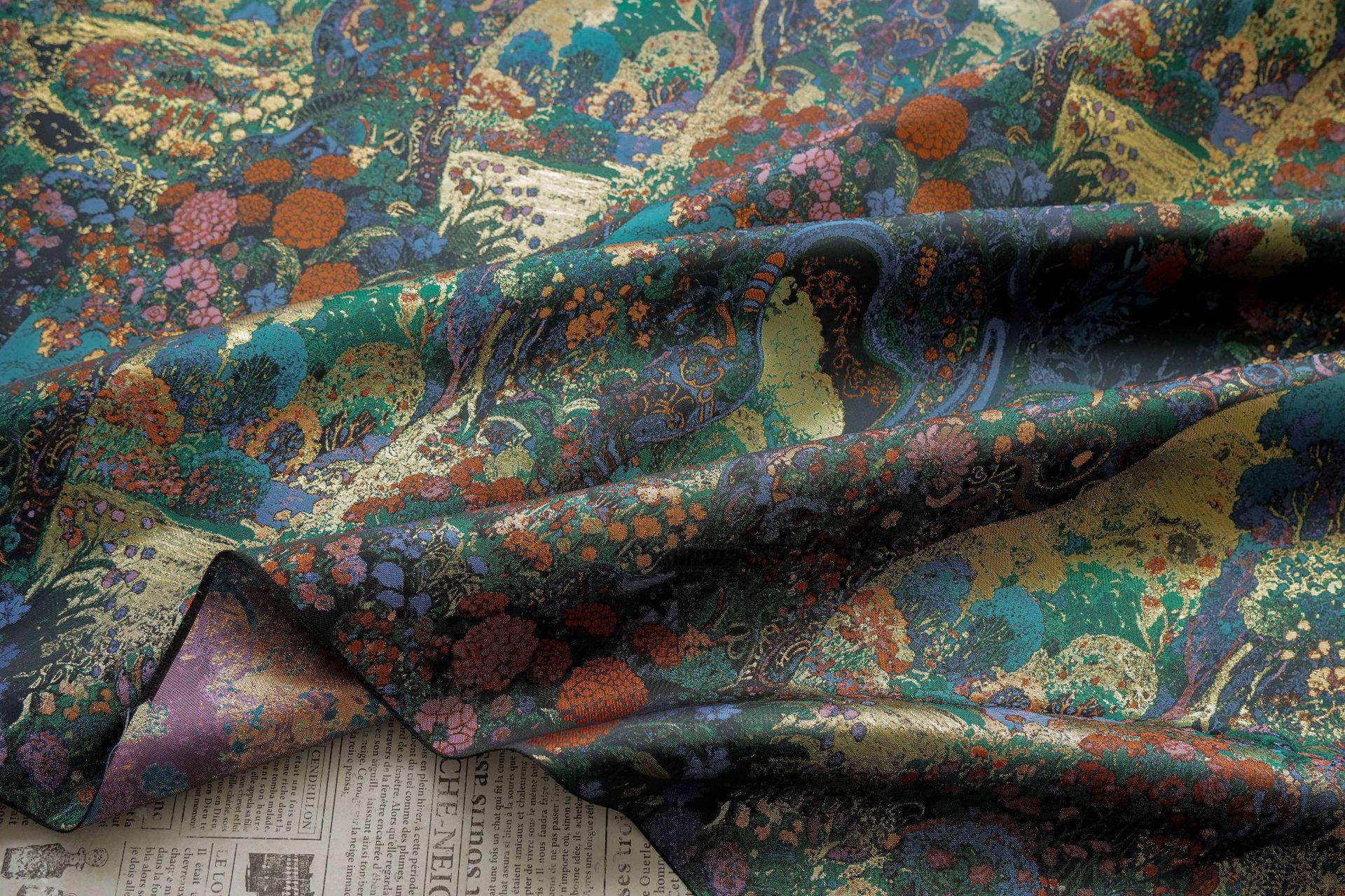 Floral Gold Jacquard Fabric: Artistic Brocade, 65" Wide