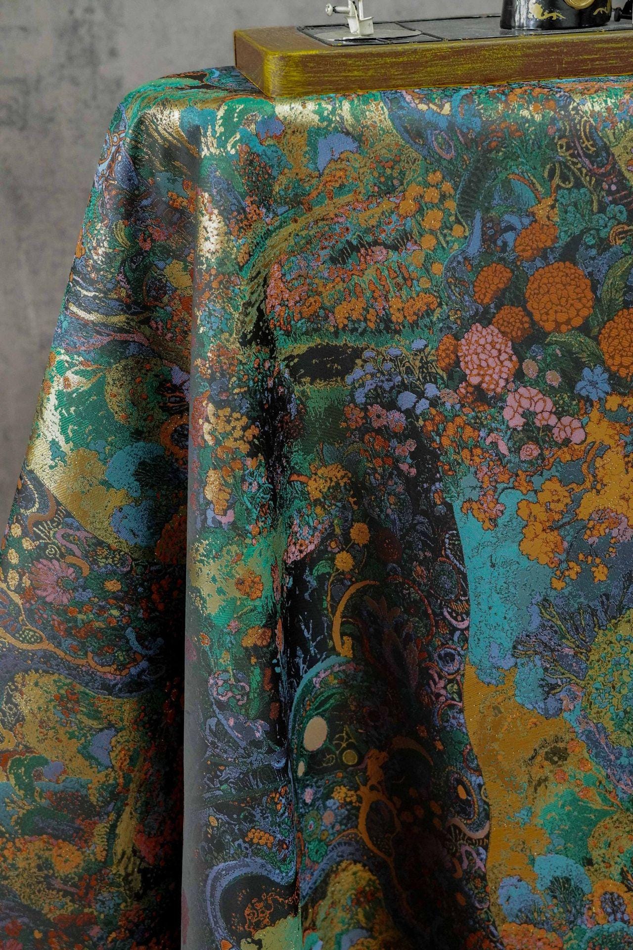 Floral Gold Jacquard Fabric: Artistic Brocade, 65" Wide