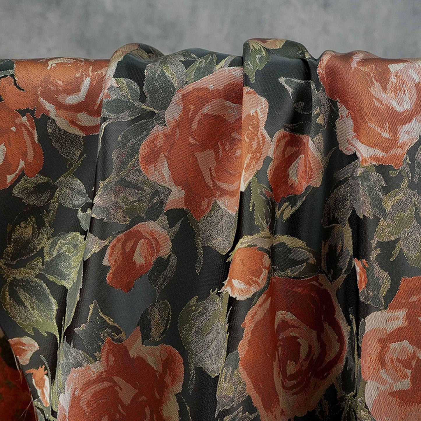 French Oil Painting–Style Black Rose Decorative Fabric | Vintage Woven Textile, 57"Wide