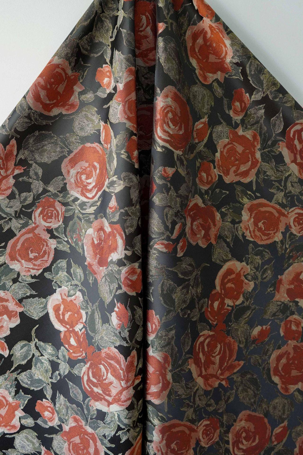 French Oil Painting–Style Black Rose Decorative Fabric | Vintage Woven Textile, 57"Wide