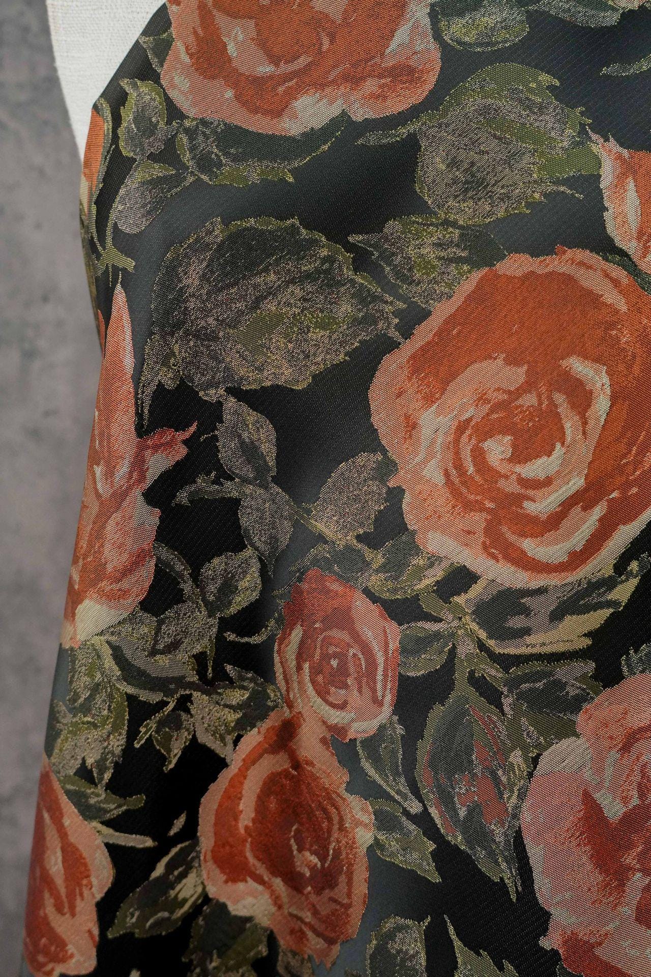 French Oil Painting–Style Black Rose Decorative Fabric | Vintage Woven Textile, 57"Wide