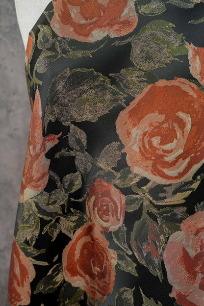 French Oil Painting–Style Black Rose Decorative Fabric | Vintage Woven Textile, 57"Wide