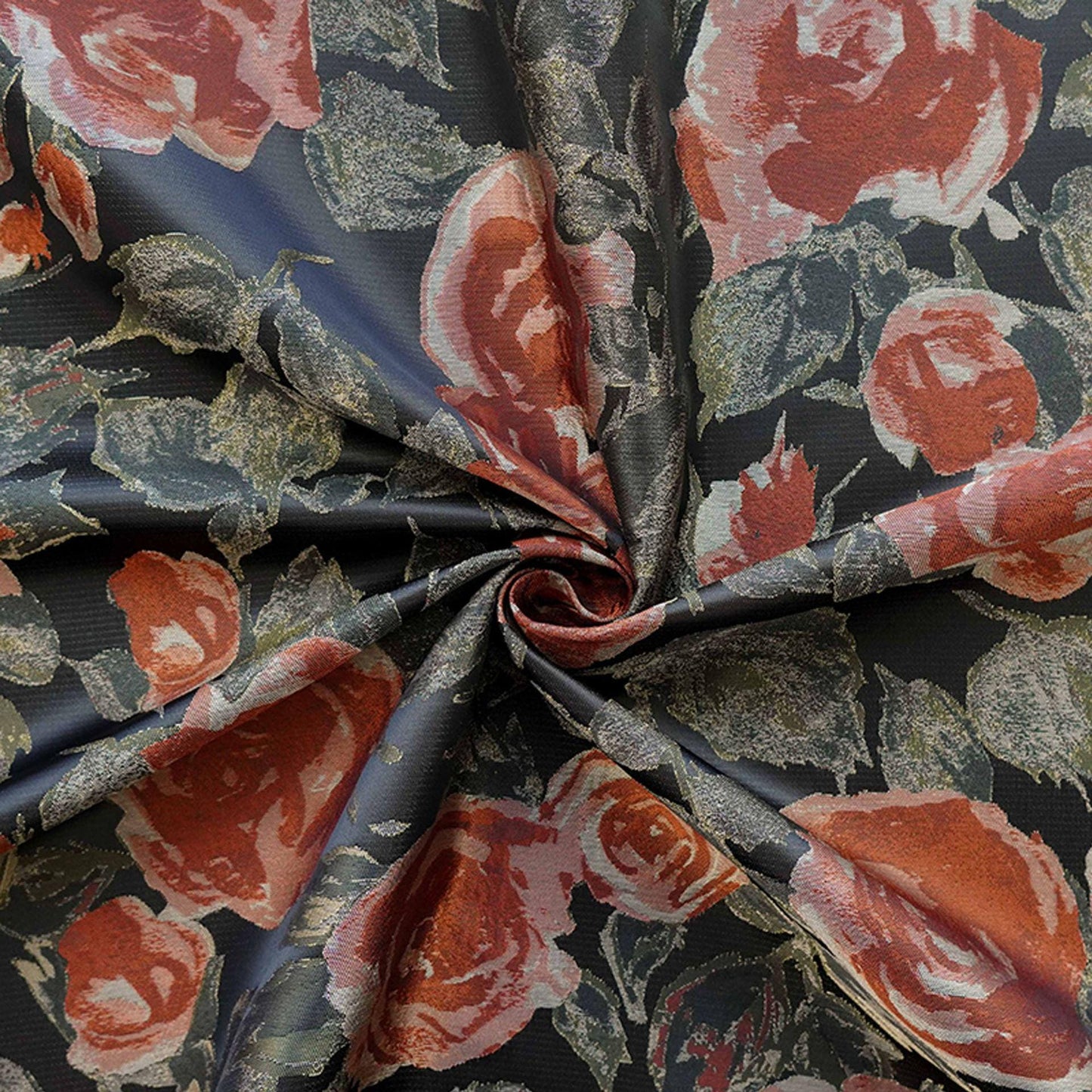 French Oil Painting–Style Black Rose Decorative Fabric | Vintage Woven Textile, 57"Wide