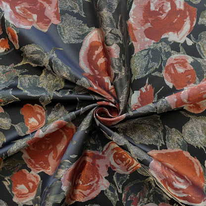 French Oil Painting–Style Black Rose Decorative Fabric | Vintage Woven Textile, 57"Wide