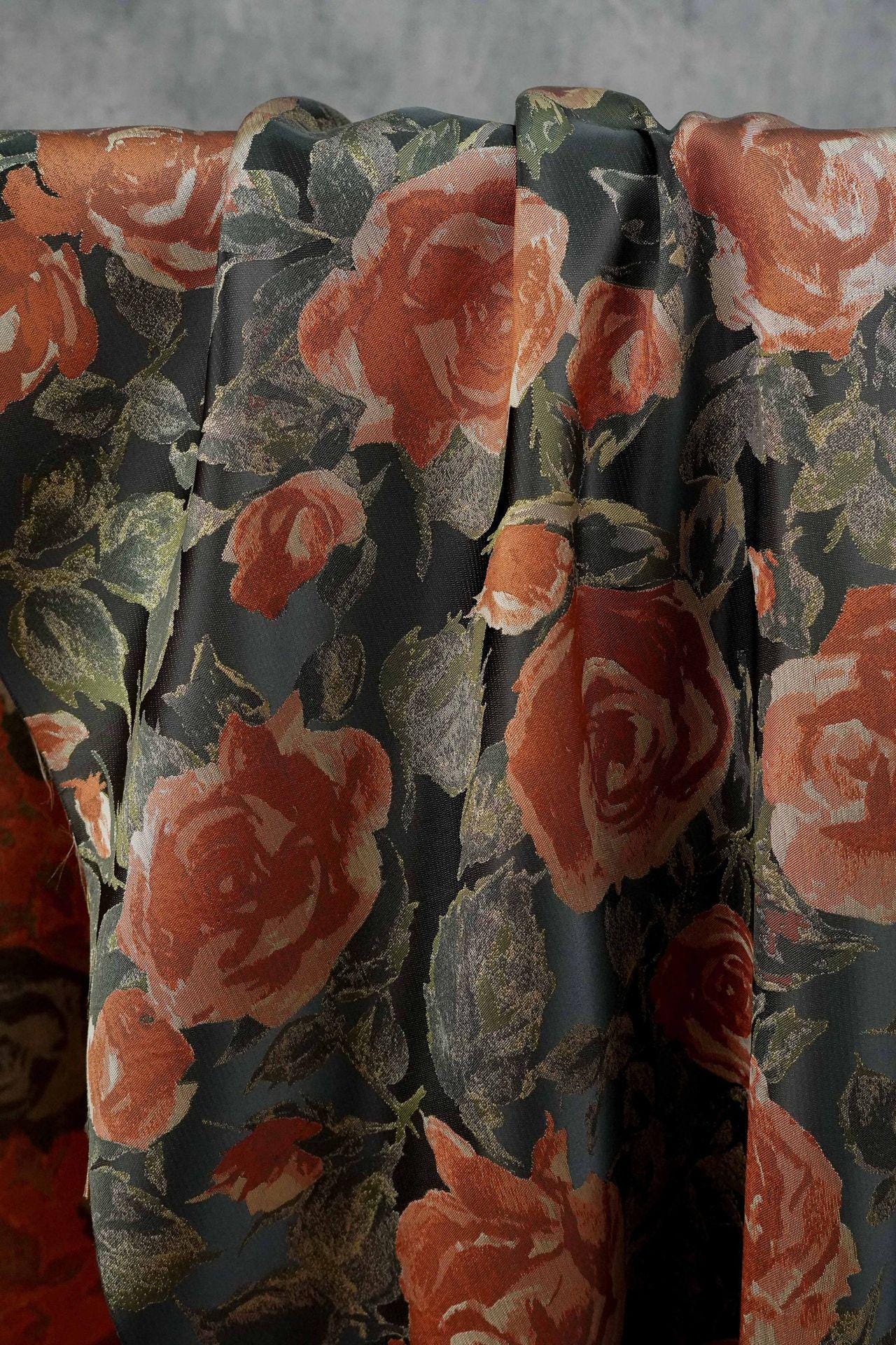 French Oil Painting–Style Black Rose Decorative Fabric | Vintage Woven Textile, 57"Wide