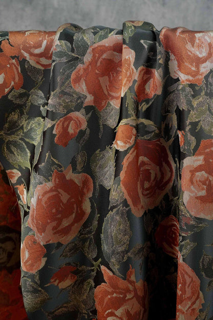 French Oil Painting–Style Black Rose Decorative Fabric | Vintage Woven Textile, 57"Wide