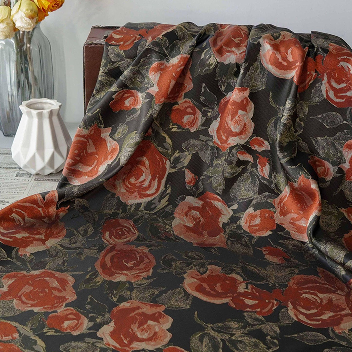 French Oil Painting–Style Black Rose Decorative Fabric | Vintage Woven Textile, 57"Wide