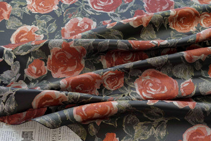 French Oil Painting–Style Black Rose Decorative Fabric | Vintage Woven Textile, 57"Wide