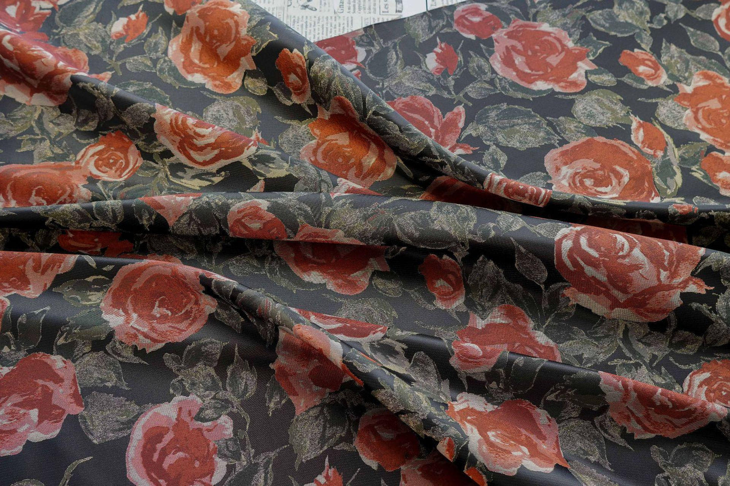 French Oil Painting–Style Black Rose Decorative Fabric | Vintage Woven Textile, 57"Wide