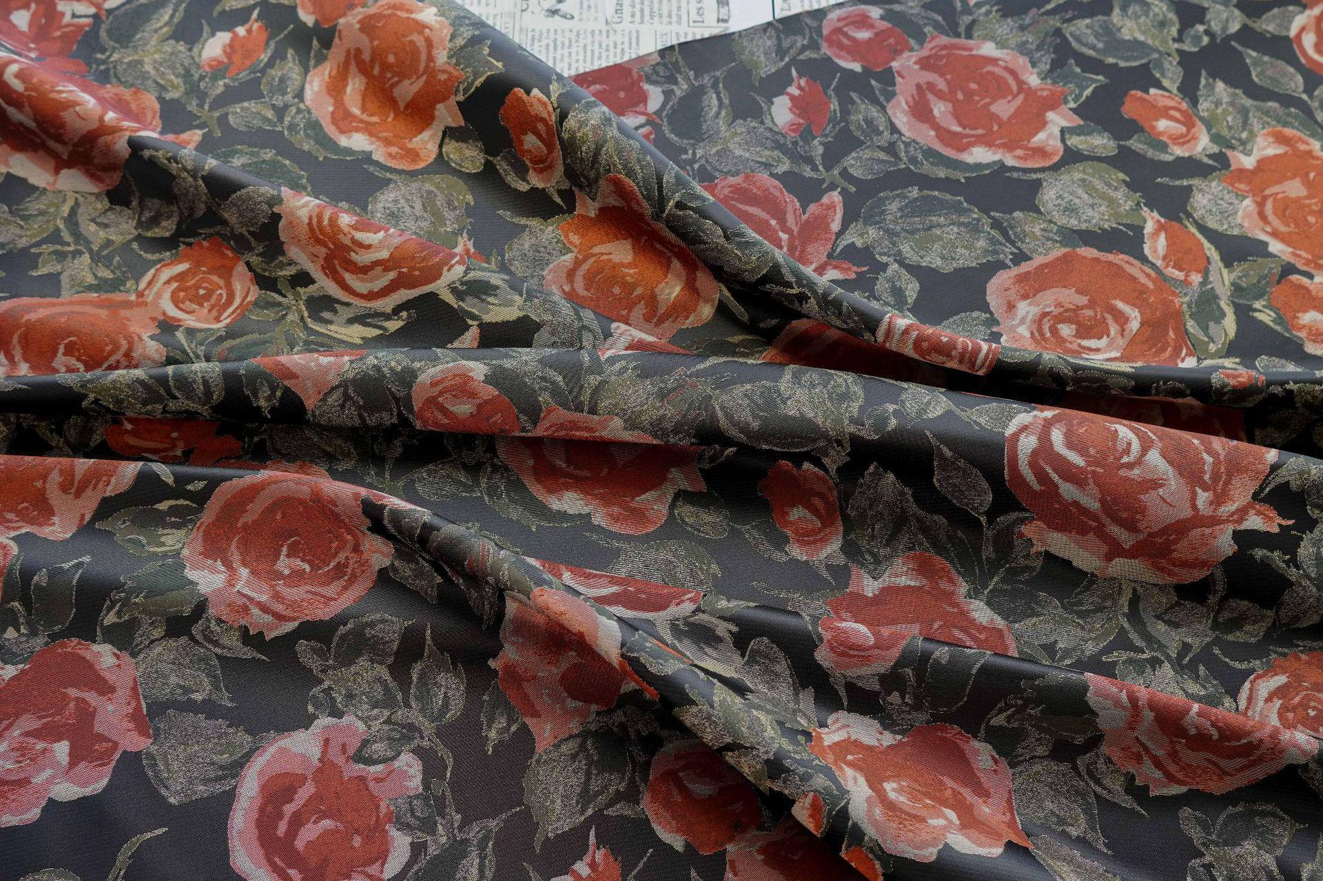 French Oil Painting–Style Black Rose Decorative Fabric | Vintage Woven Textile, 57"Wide