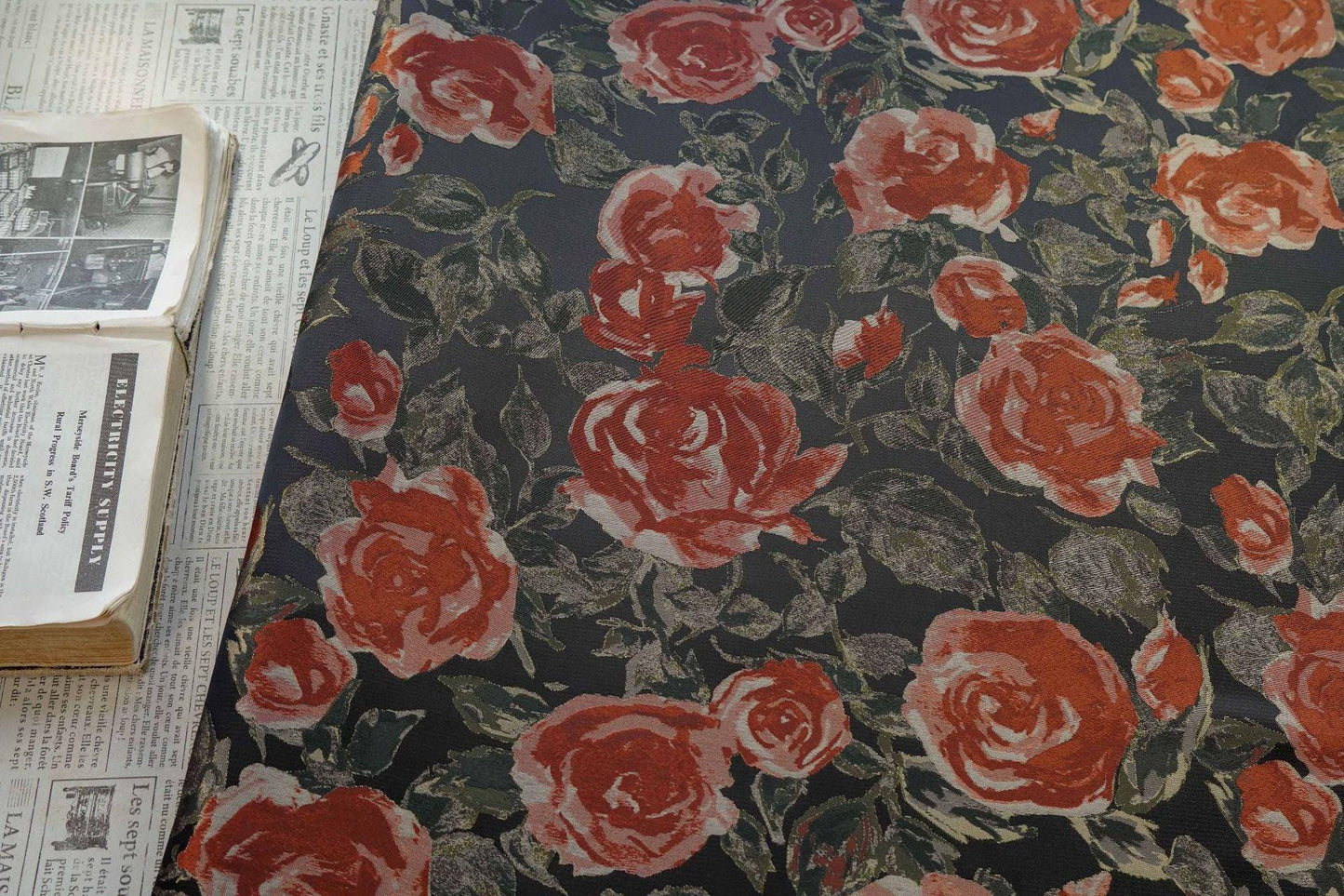 French Oil Painting–Style Black Rose Decorative Fabric | Vintage Woven Textile, 57"Wide
