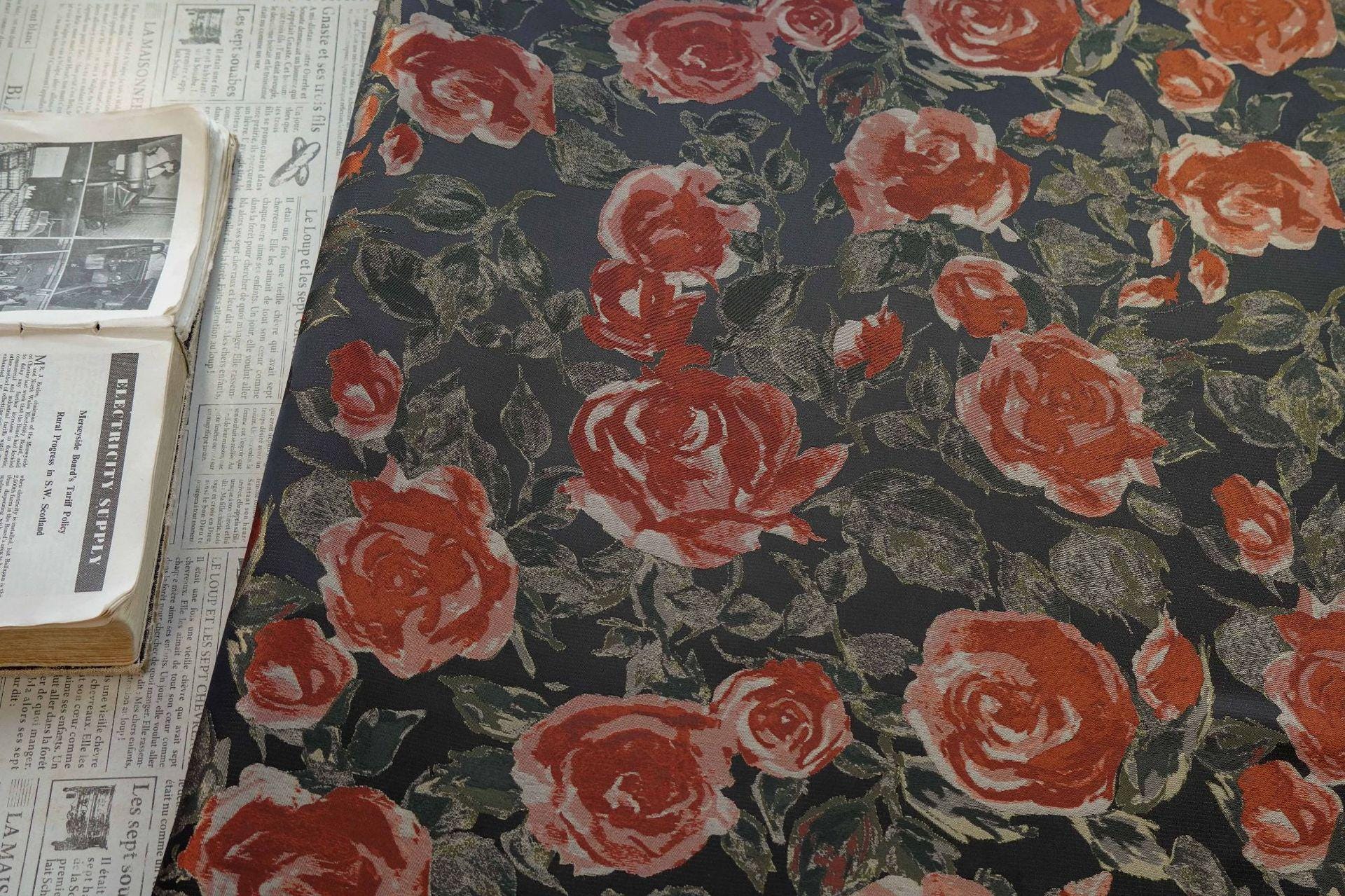 French Oil Painting–Style Black Rose Decorative Fabric | Vintage Woven Textile, 57"Wide