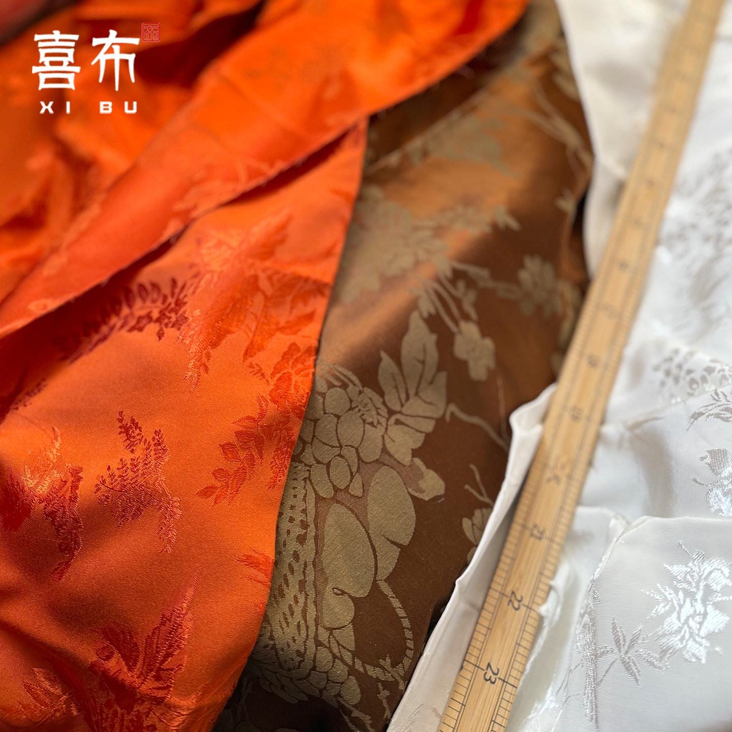 Orange Lotus Bird Jacquard Fabric – Silk Rayon Blend, 58" Wide