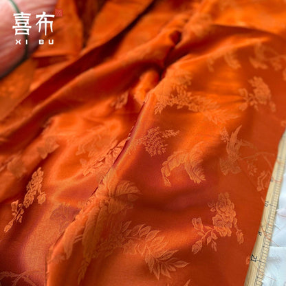 Orange Lotus Bird Jacquard Fabric – Silk Rayon Blend, 58" Wide