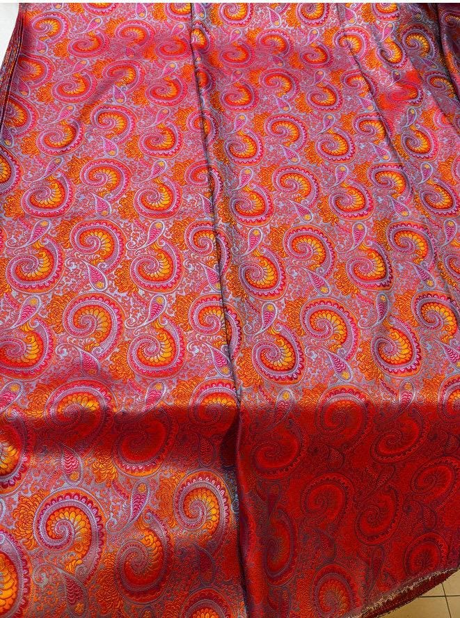 Red Chrysanthemum Brocade Fabric – Shimmering Pipa Pattern, 57" Wide