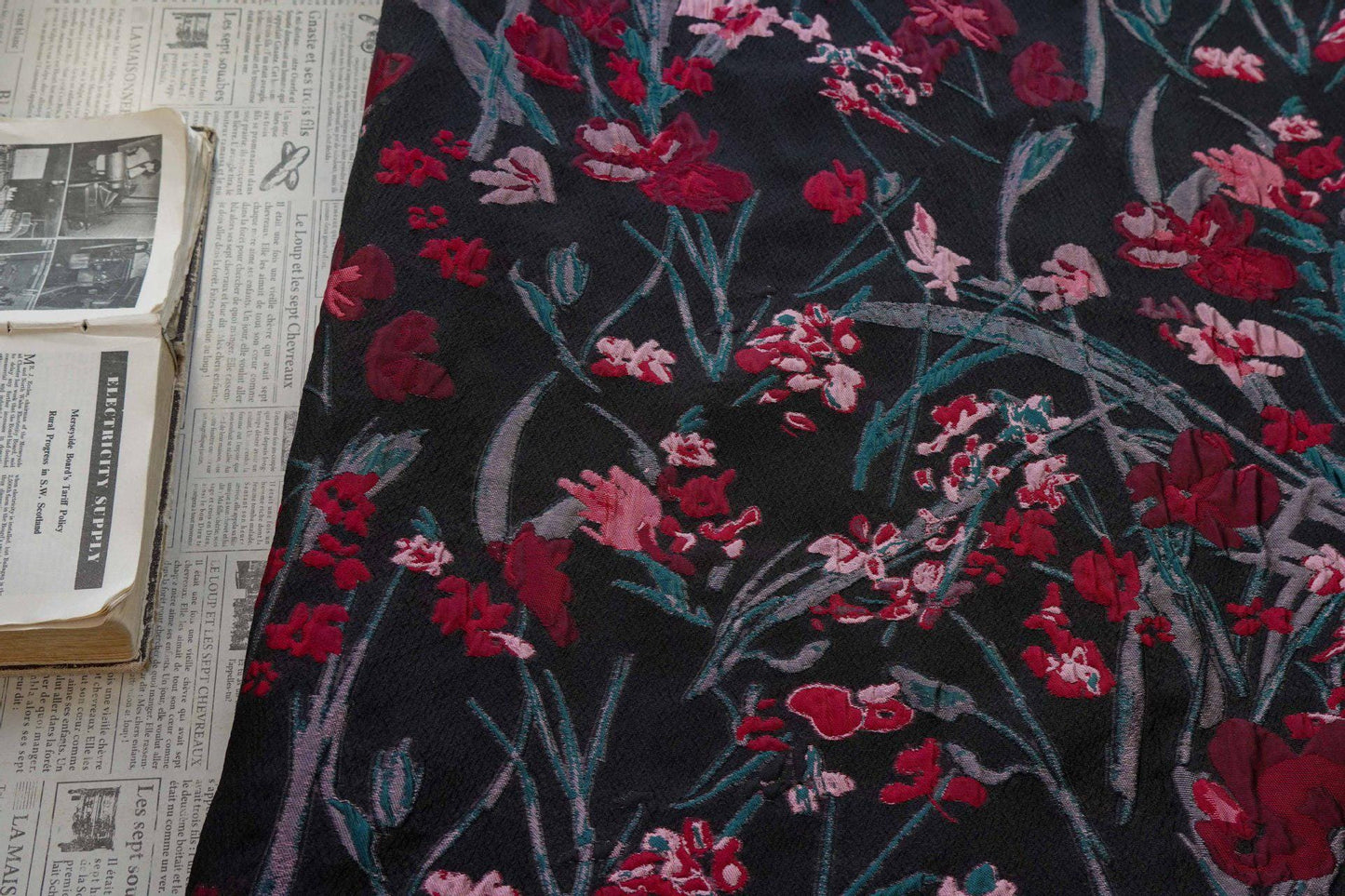 Floral Jacquard Fabric, Retro Black Red Embossed Material, 56" Wide