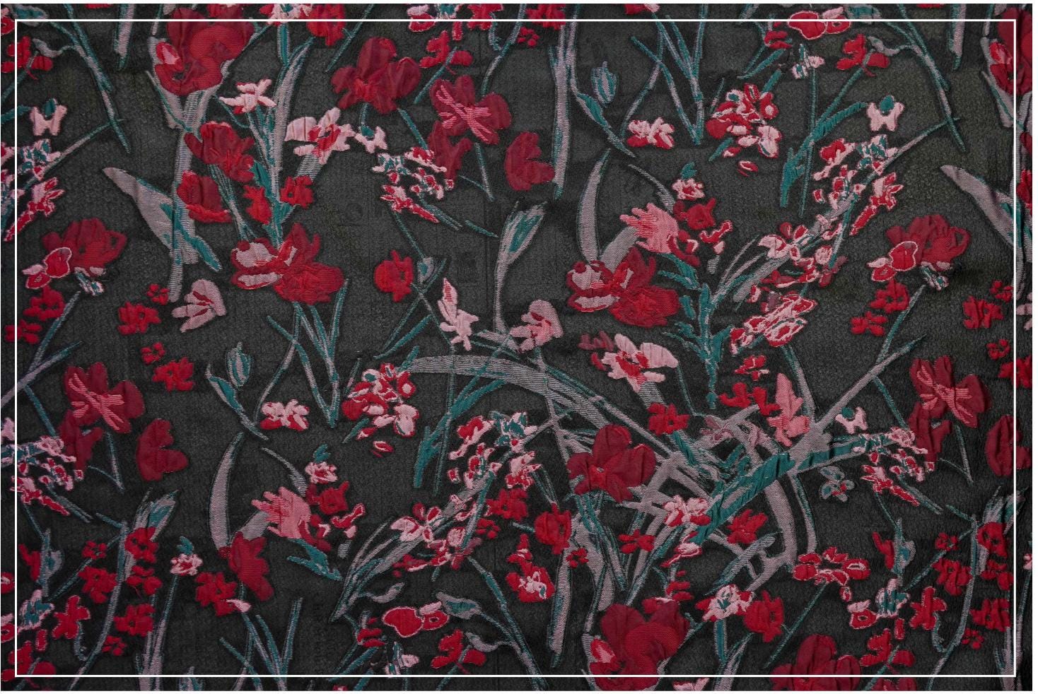 Floral Jacquard Fabric, Retro Black Red Embossed Material, 56" Wide