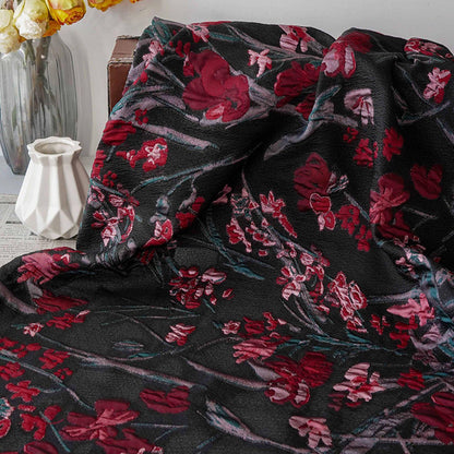 Floral Jacquard Fabric, Retro Black Red Embossed Material, 56" Wide