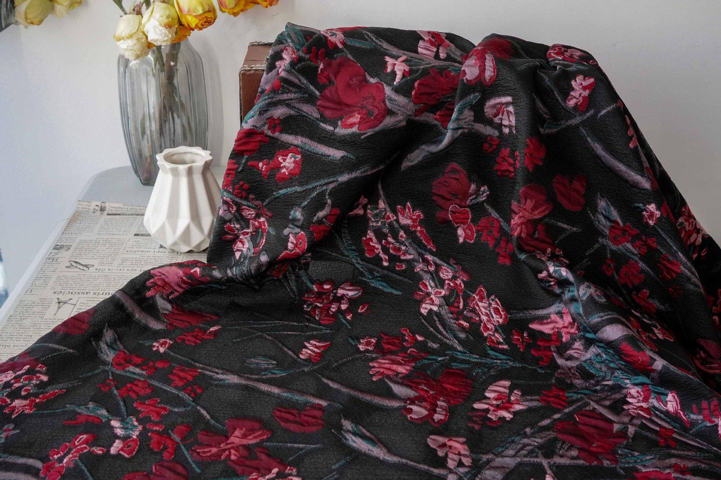 Floral Jacquard Fabric, Retro Black Red Embossed Material, 56" Wide