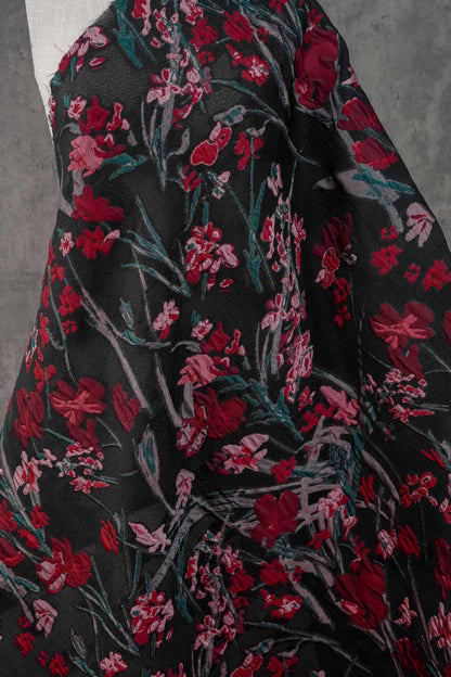 Floral Jacquard Fabric, Retro Black Red Embossed Material, 56" Wide