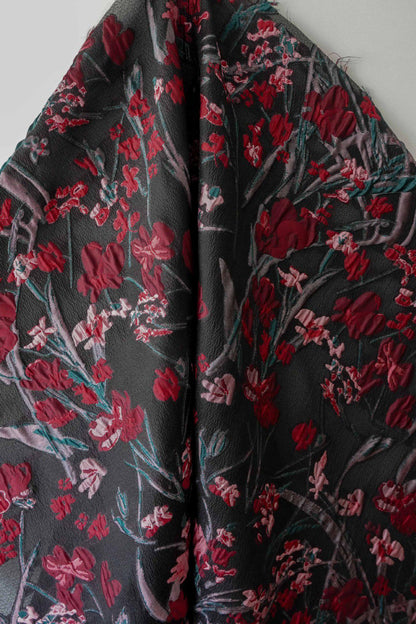 Floral Jacquard Fabric, Retro Black Red Embossed Material, 56" Wide