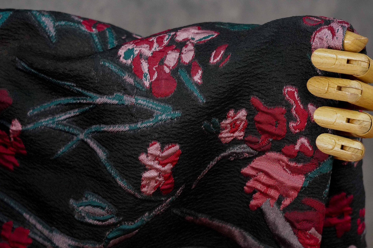 Floral Jacquard Fabric, Retro Black Red Embossed Material, 56" Wide