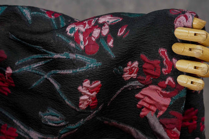 Floral Jacquard Fabric, Retro Black Red Embossed Material, 56" Wide