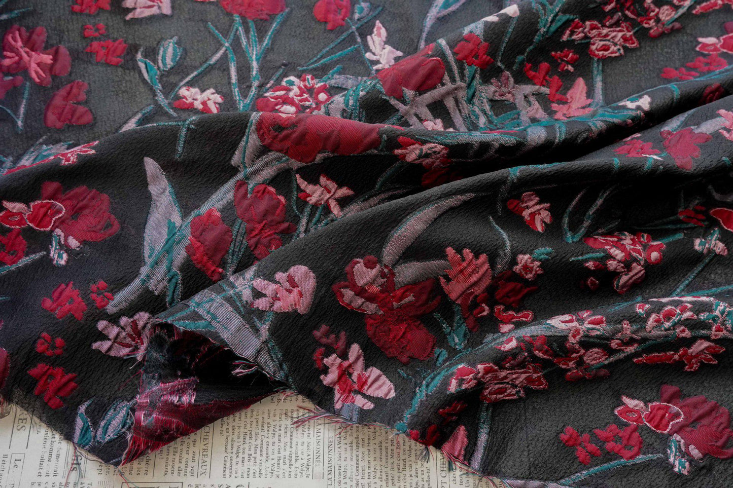 Floral Jacquard Fabric, Retro Black Red Embossed Material, 56" Wide