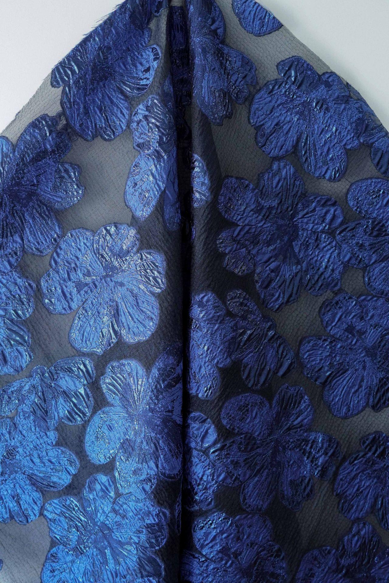 Embossed Floral Jacquard Fabric – Deep Blue Sheer Textile, 55" Wide