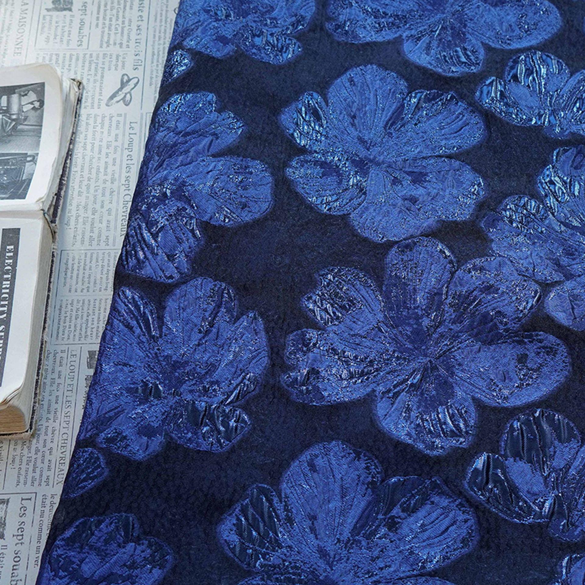 Embossed Floral Jacquard Fabric – Deep Blue Sheer Textile, 55" Wide