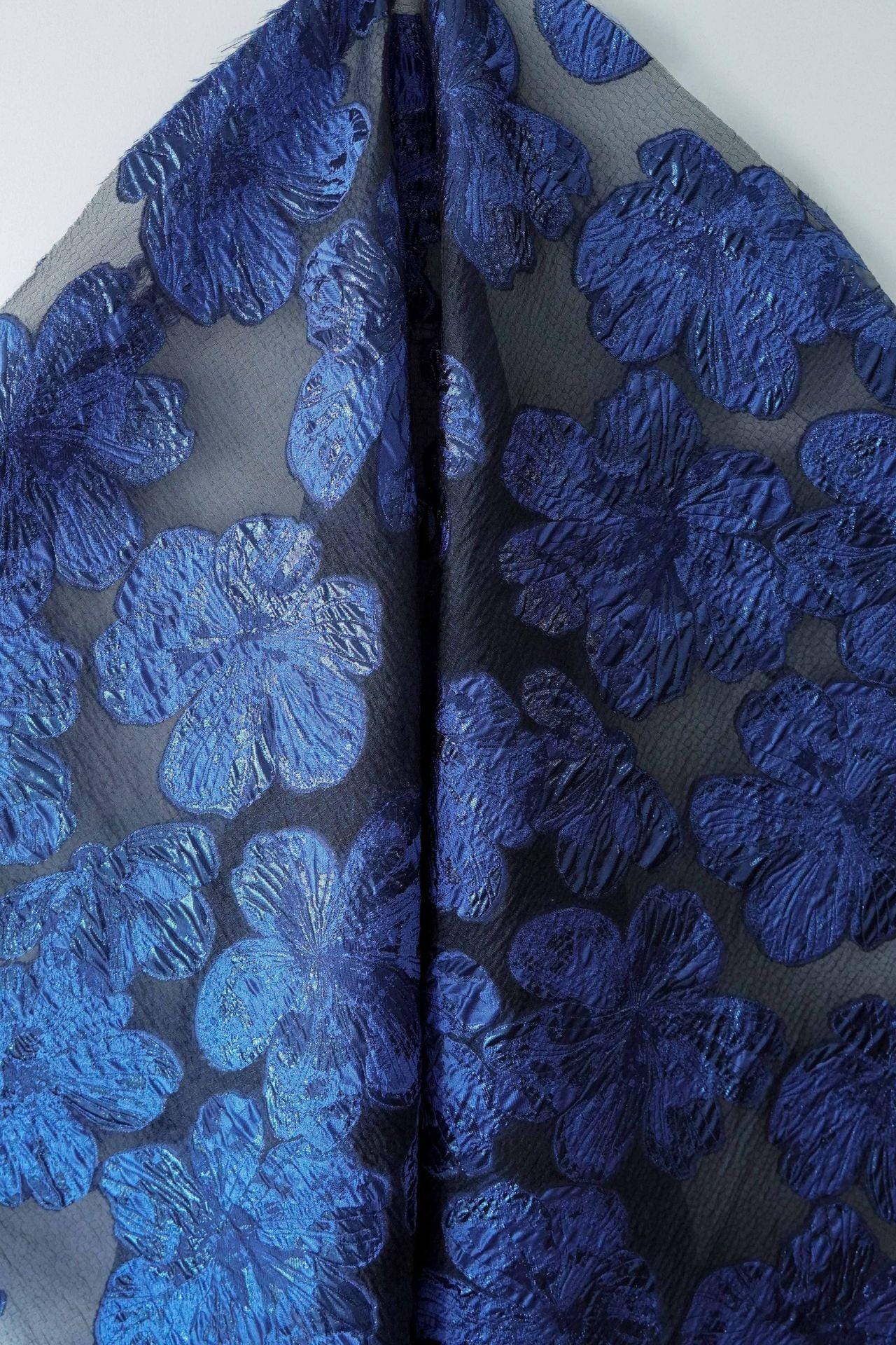 Embossed Floral Jacquard Fabric – Deep Blue Sheer Textile, 55" Wide