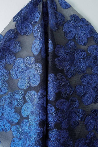 Embossed Floral Jacquard Fabric – Deep Blue Sheer Textile, 55" Wide